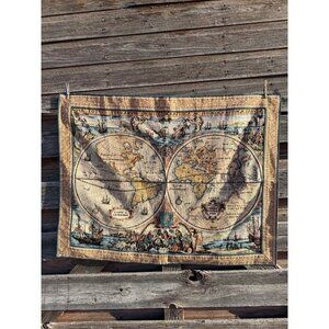Vintage 80's French Tapestry Cotton Old World Ancient Map 42x33"